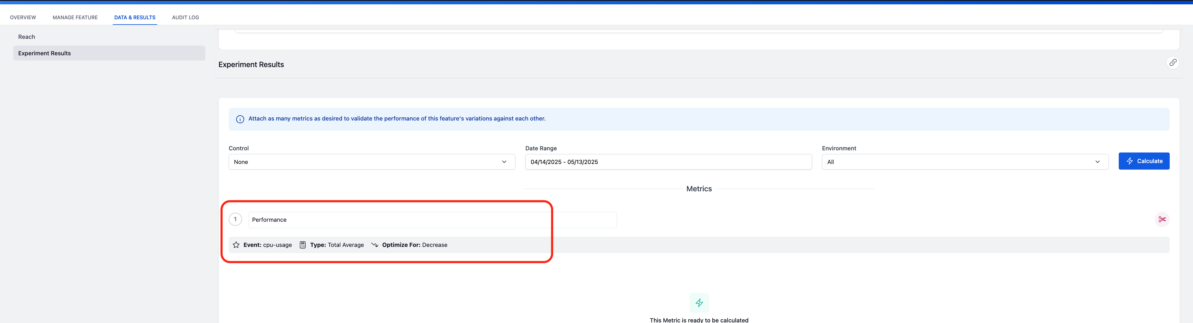 "Metric Testing" metric selected from the metrics dropdown